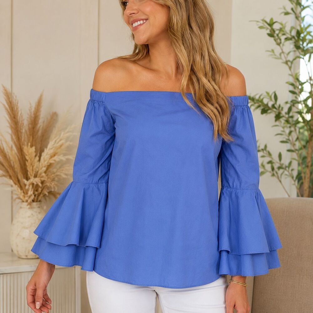 Amanda Uprichard Arabelle Off Shoulder Bell Sleeve Cotton Top Blue Size Small